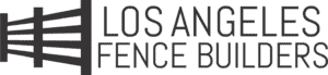 Black logo reading "Los Angeles Fence Builders" in uppercase letters. Features a stylized horizontal fence with varying line lengths on the left. Clean, modern design.